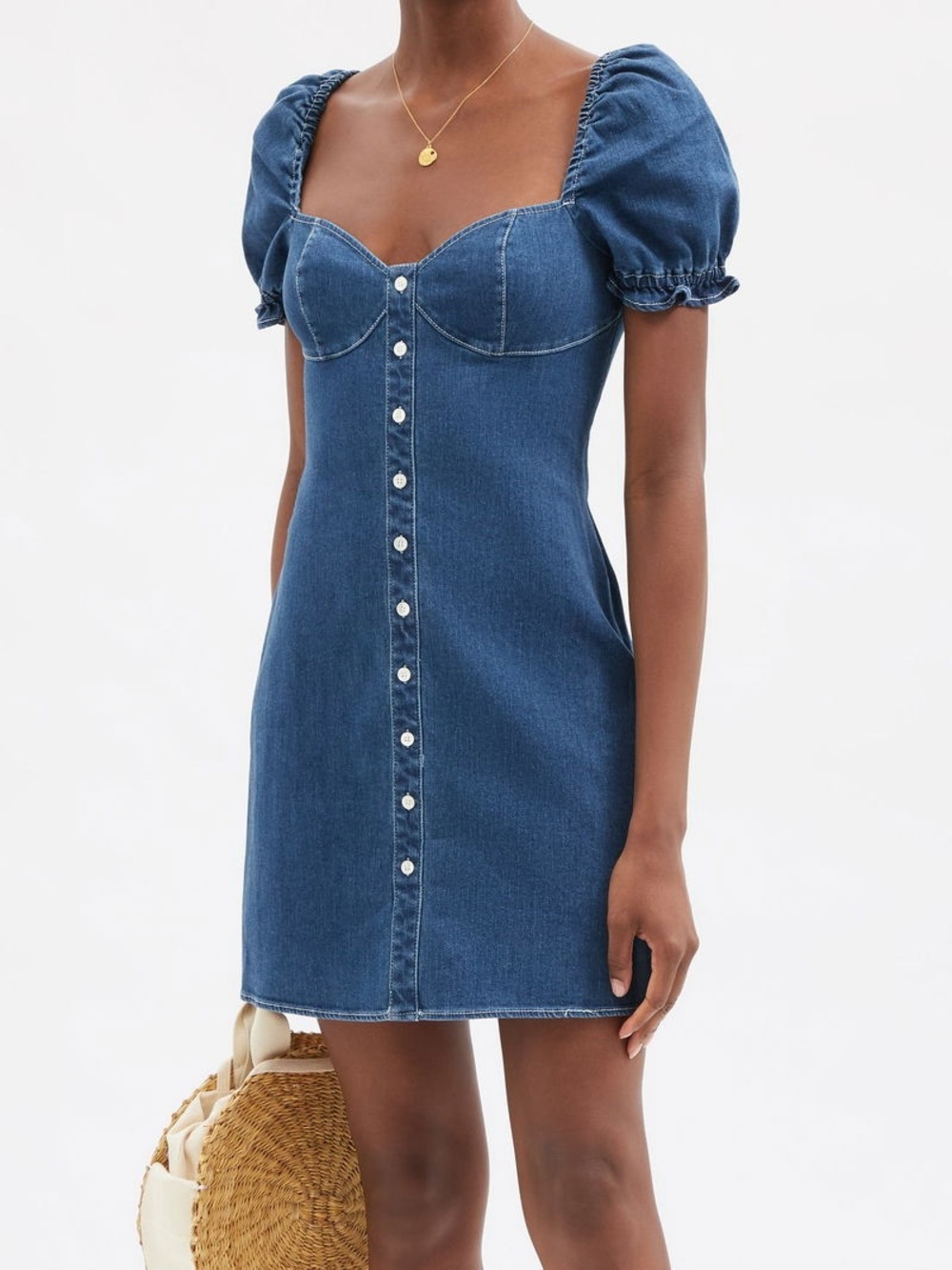 STAUD Blue Denim Puff-Sleeve Mini Dress
